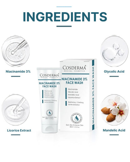 Cosderma Niacinamide 3% Face Wash – Brightening & Oil-Control Cleanser for Clear, Even-Toned Skin