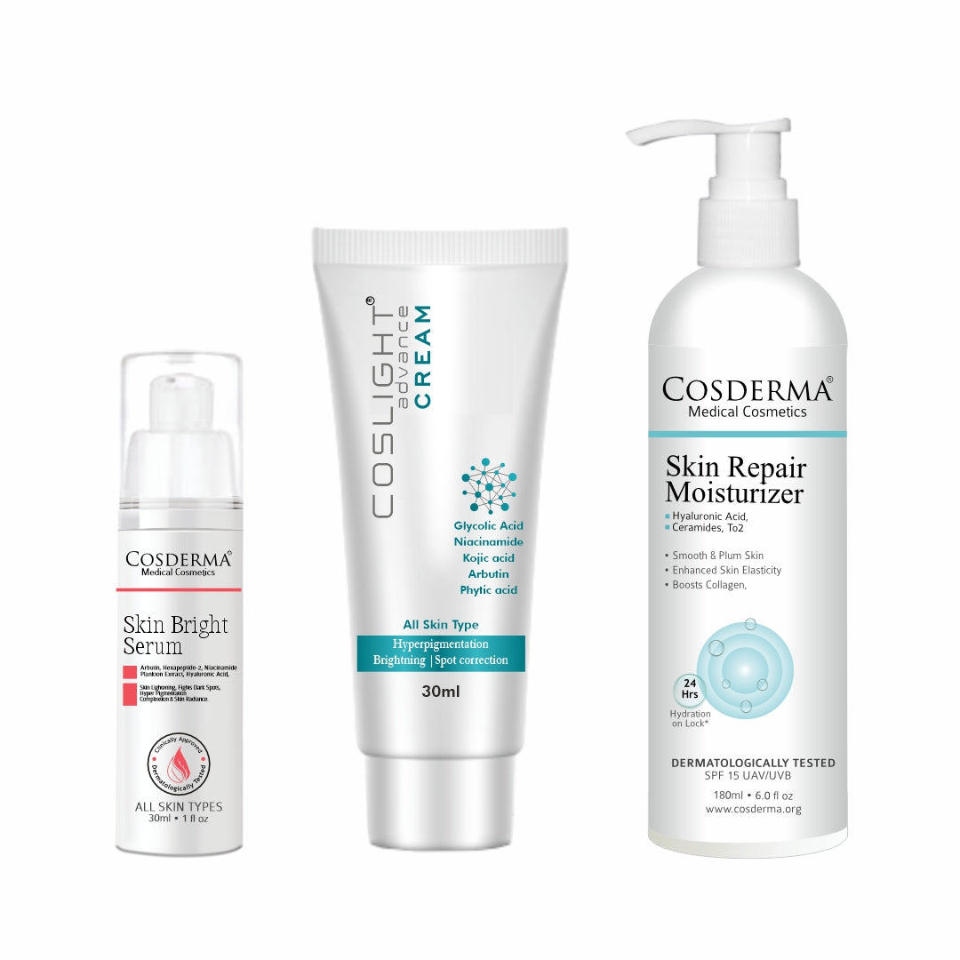 Cosderma Skin Brightening Combo – Skin Brightening Serum, Coslight Advance Cream & Skin Repair Moisturizer for Pigmentation, Uneven Tone & Radiant Glow