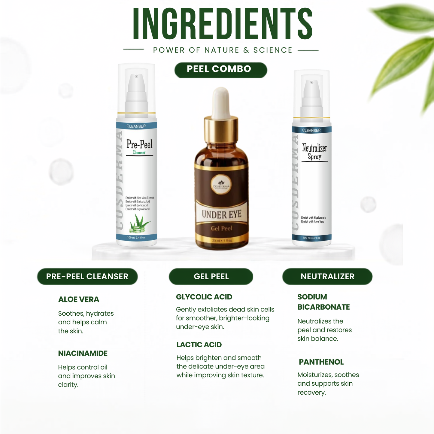 Cosderma Under Eye Peel Combo – Pre Peel Cleanser, Under Eye Gel Peel & Neutralizer Spray for Dark Circles, Puffiness & Brightening