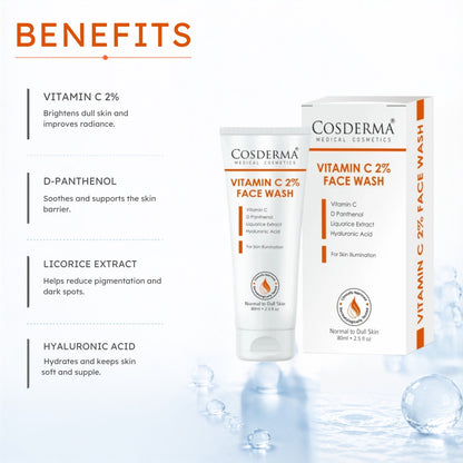 Cosderma Vitamin C 2% Face Wash – Brightening Cleanser with D-Panthenol, Licorice Extract & Hyaluronic Acid for Radiant, Glowing Skin