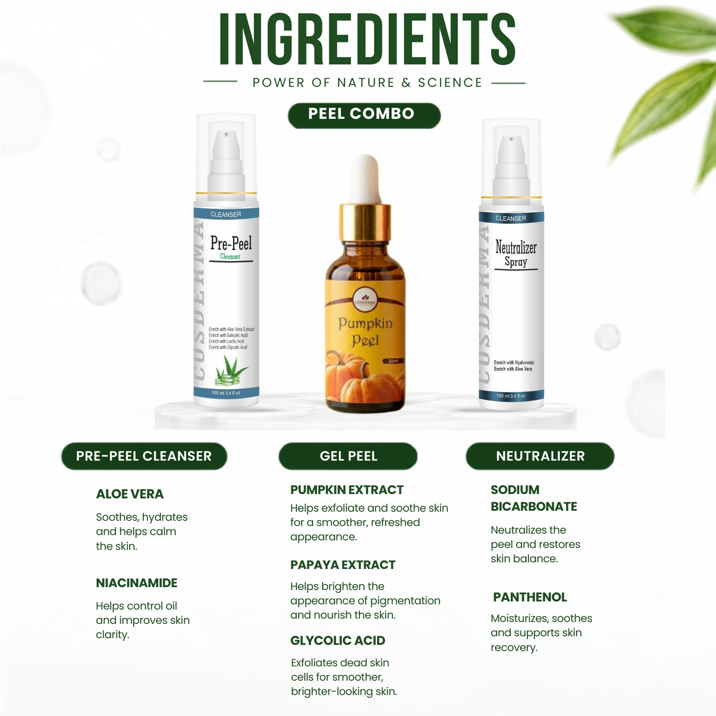 Cosderma Pumpkin Peel Combo – Pre Peel Cleanser, Pumpkin Peel & Neutralizer Spray for Glow, Brightening & Skin Renewal