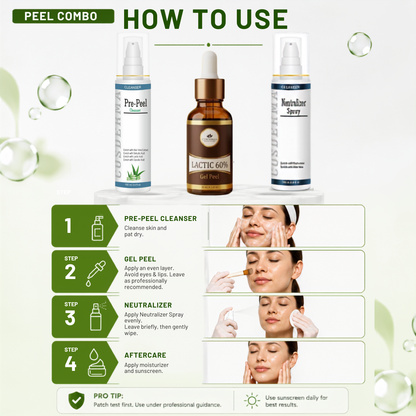 Cosderma Lactic 60% Peel Combo – Pre Peel Cleanser, Lactic Gel Peel & Neutralizer Spray for Pigmentation, Dullness & Skin Renewal
