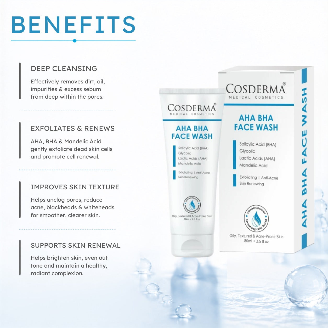 Cosderma AHA BHA Face Wash – Deep Exfoliating & Pore-Cleansing Cleanser for Acne & Dull Skin