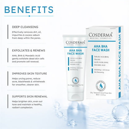 Cosderma AHA BHA Face Wash – Deep Exfoliating & Pore-Cleansing Cleanser for Acne & Dull Skin