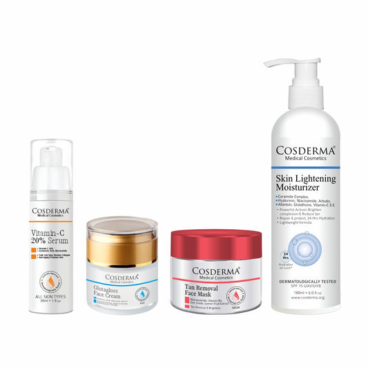 Cosderma Tan Removal & Skin Lightening Combo – Glutagloss Face Cream, Tan Removal Face Mask, Vitamin C 20% Serum & Skin Lightening Moisturizer for Bright, Even-Toned Skin