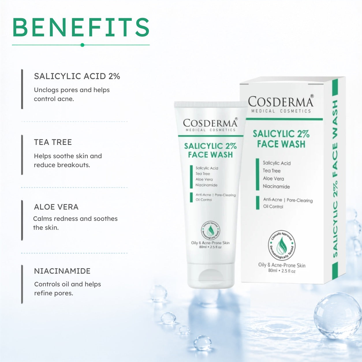 Cosderma Salicylic 2% Face Wash – Deep Cleansing Anti-Acne Face Wash with Tea Tree, Aloe Vera & Niacinamide for Clear, Oil-Free Skin