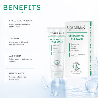 Cosderma Salicylic 2% Face Wash – Deep Cleansing Anti-Acne Face Wash with Tea Tree, Aloe Vera & Niacinamide for Clear, Oil-Free Skin
