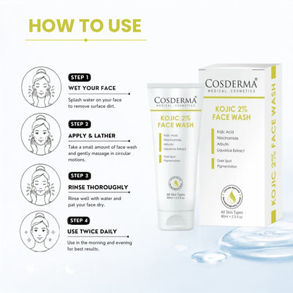 Cosderma Kojic 2% Face Wash – Brightening Cleanser with Kojic Acid, Niacinamide, Arbutin & Liquorice Extract for Pigmentation, Tan & Uneven Skin Tone