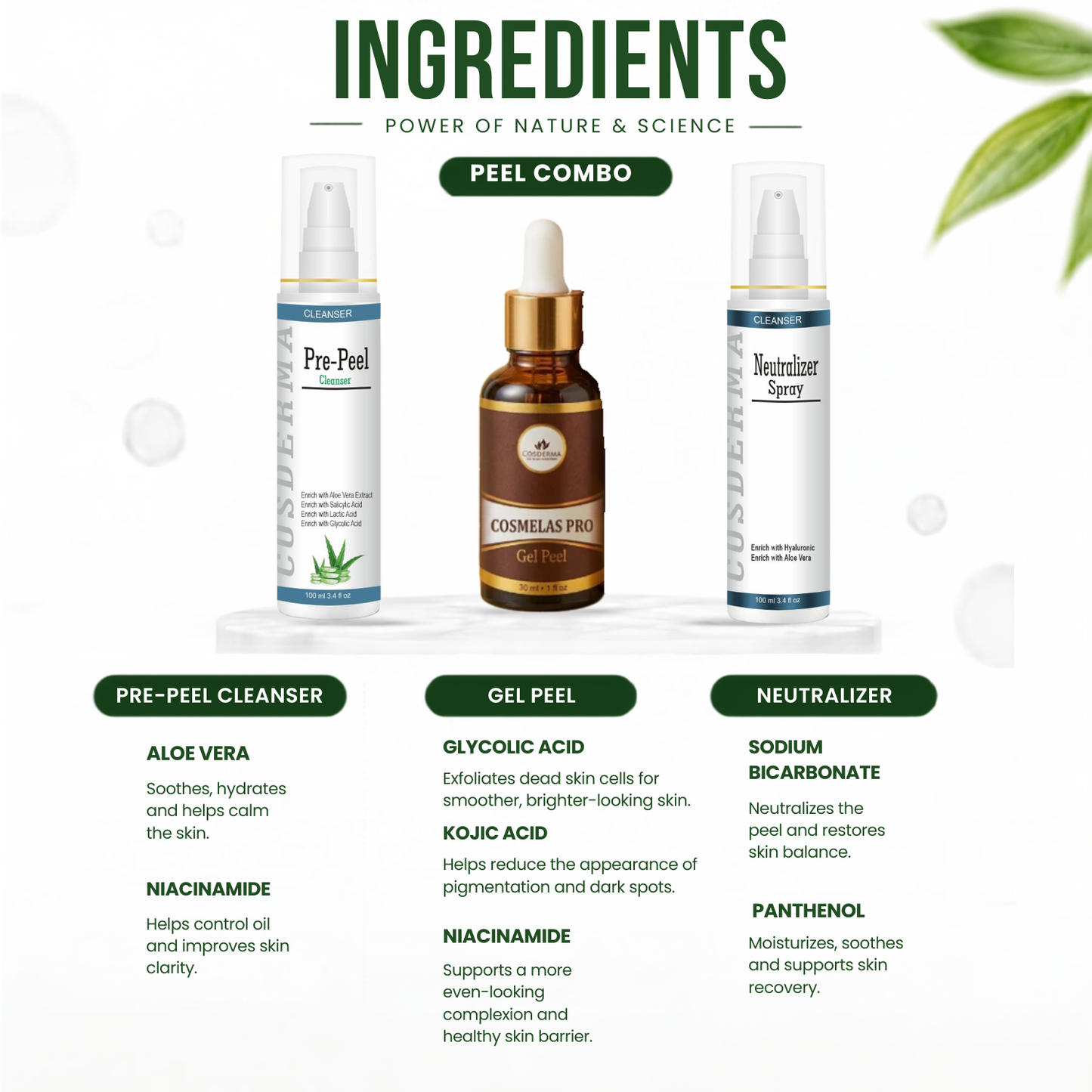 Cosderma Cosmelas Pro Peel Combo – Pre Peel Cleanser, Cosmelas Pro Peel & Neutralizer Spray for Melasma, Pigmentation & Brightening