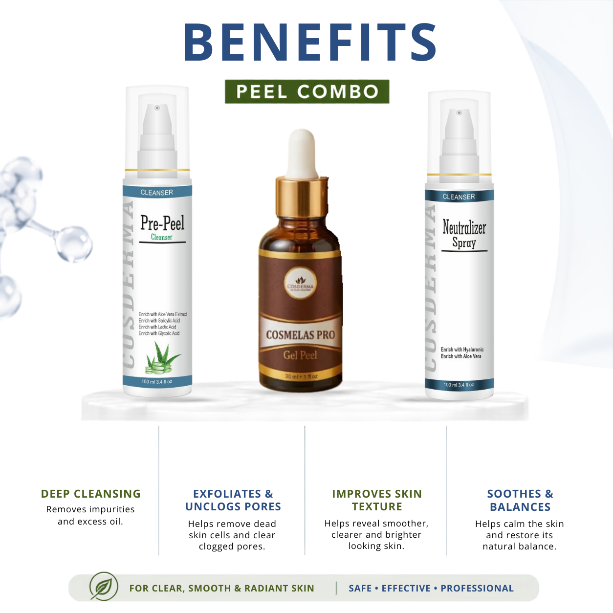 Cosderma Cosmelas Pro Peel Combo – Pre Peel Cleanser, Cosmelas Pro Peel & Neutralizer Spray for Melasma, Pigmentation & Brightening
