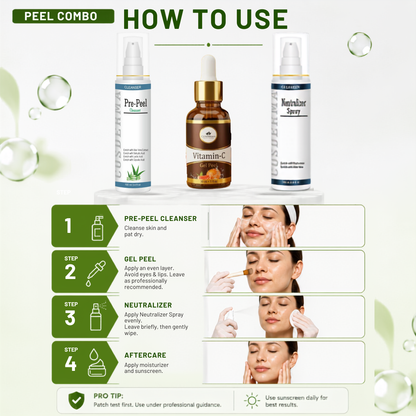 Cosderma Vitamin C Peel Combo – Pre Peel Cleanser, Vitamin C Gel Peel & Neutralizer Spray for Brightening, Anti-Pigmentation & Radiance Treatment