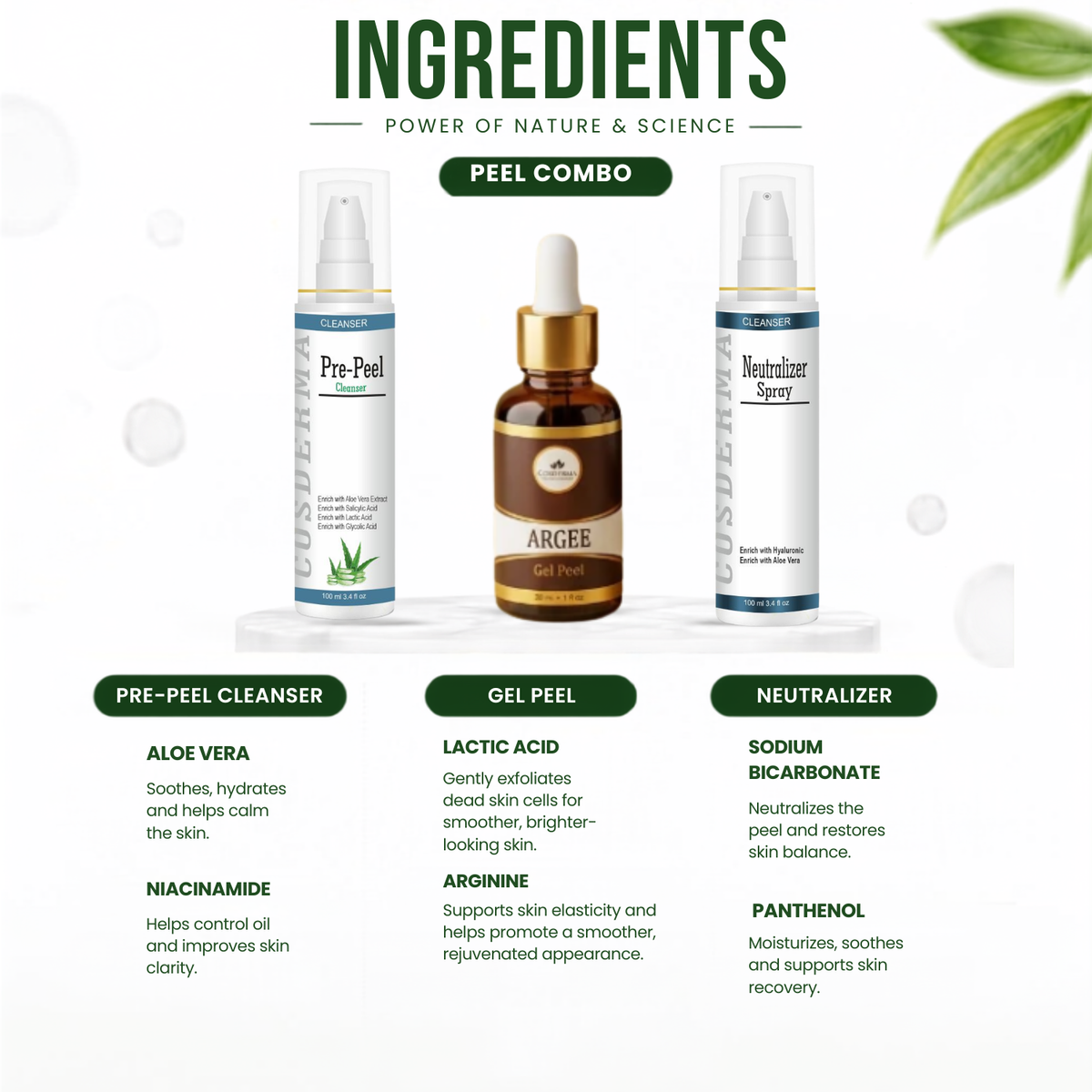 Cosderma Argee Peel Combo – Pre Peel Cleanser, Argee Gel Peel & Neutralizer Spray for Anti-Aging, Firming & Brightening Treatment