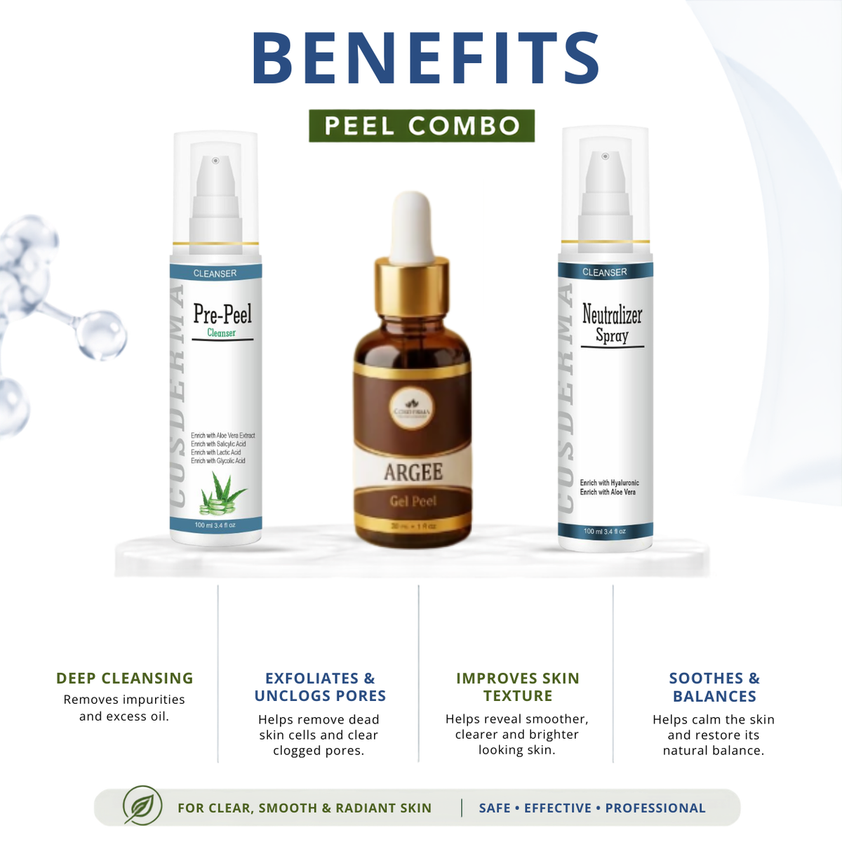 Cosderma Argee Peel Combo – Pre Peel Cleanser, Argee Gel Peel & Neutralizer Spray for Anti-Aging, Firming & Brightening Treatment
