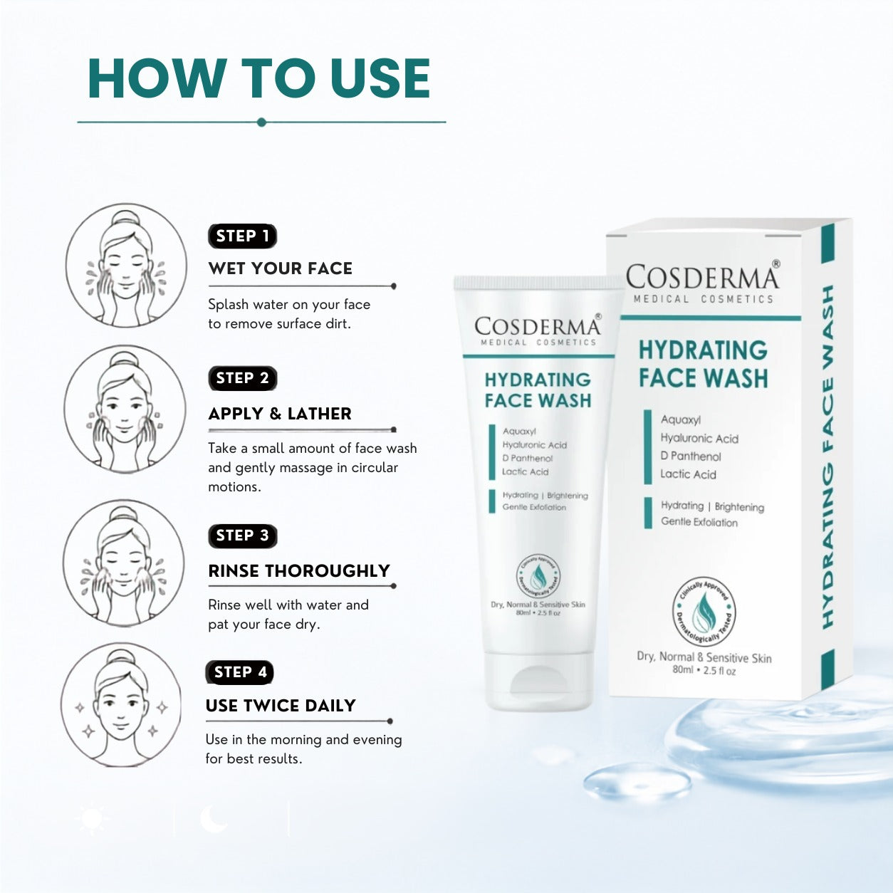 Cosderma Hydrating Face Wash – Gentle Cleanser with Aquaxyl, Hyaluronic Acid, D-Panthenol & Lactic Acid for Deep Moisturization & Soft, Supple Skin
