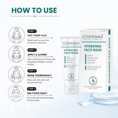Cosderma Hydrating Face Wash – Gentle Cleanser with Aquaxyl, Hyaluronic Acid, D-Panthenol & Lactic Acid for Deep Moisturization & Soft, Supple Skin