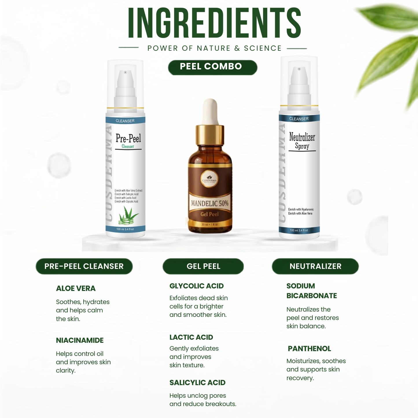Cosderma Mandelic Peel Combo – Pre Peel Cleanser, Mandelic 50% Gel Peel & Neutralizer Spray for Acne Scars, Pigmentation & Brightening
