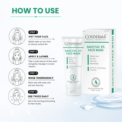 Cosderma Salicylic 2% Face Wash – Deep Cleansing Anti-Acne Face Wash with Tea Tree, Aloe Vera & Niacinamide for Clear, Oil-Free Skin