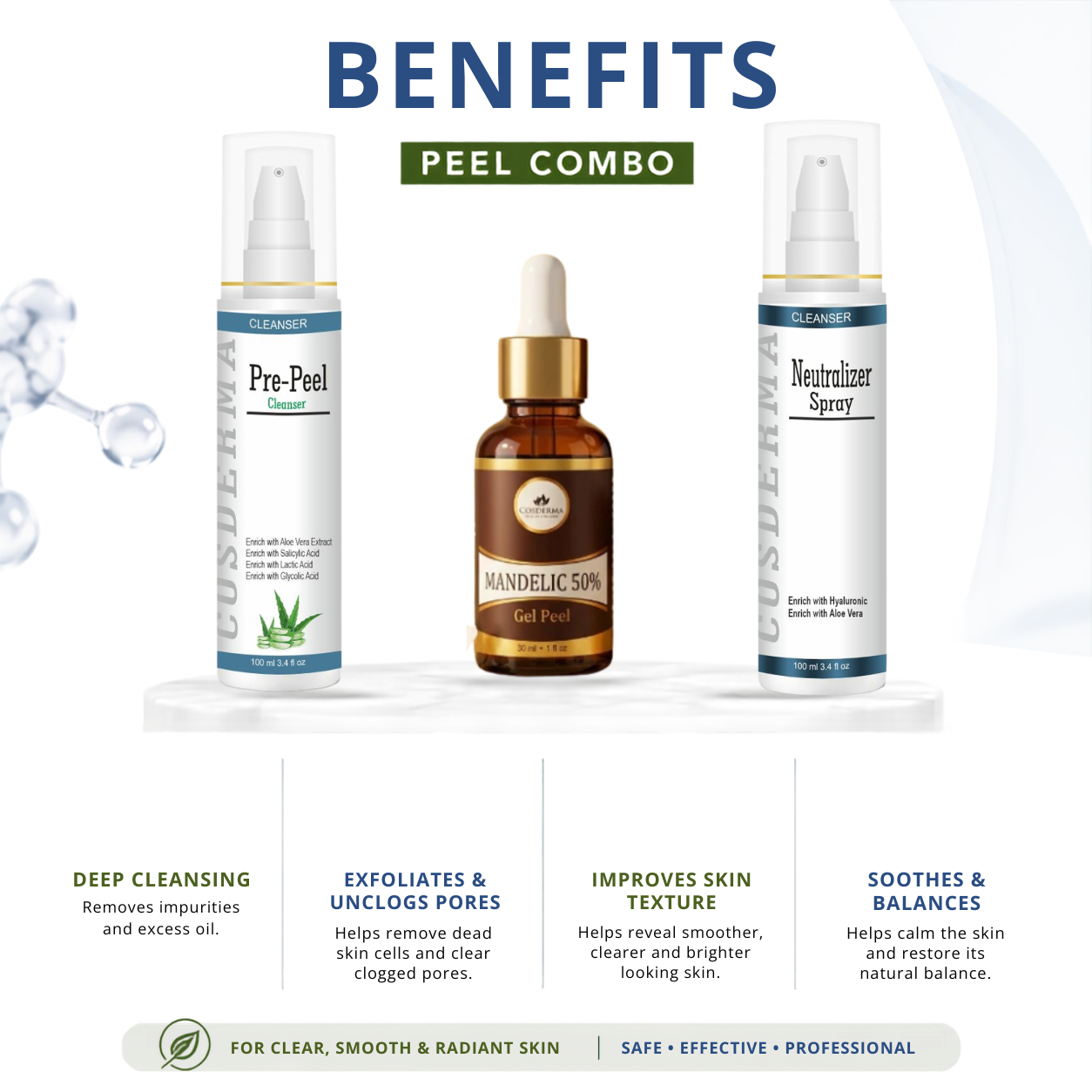Cosderma Mandelic Peel Combo – Pre Peel Cleanser, Mandelic 50% Gel Peel & Neutralizer Spray for Acne Scars, Pigmentation & Brightening