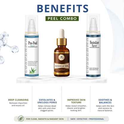 Cosderma Mandelic Peel Combo – Pre Peel Cleanser, Mandelic 50% Gel Peel & Neutralizer Spray for Acne Scars, Pigmentation & Brightening