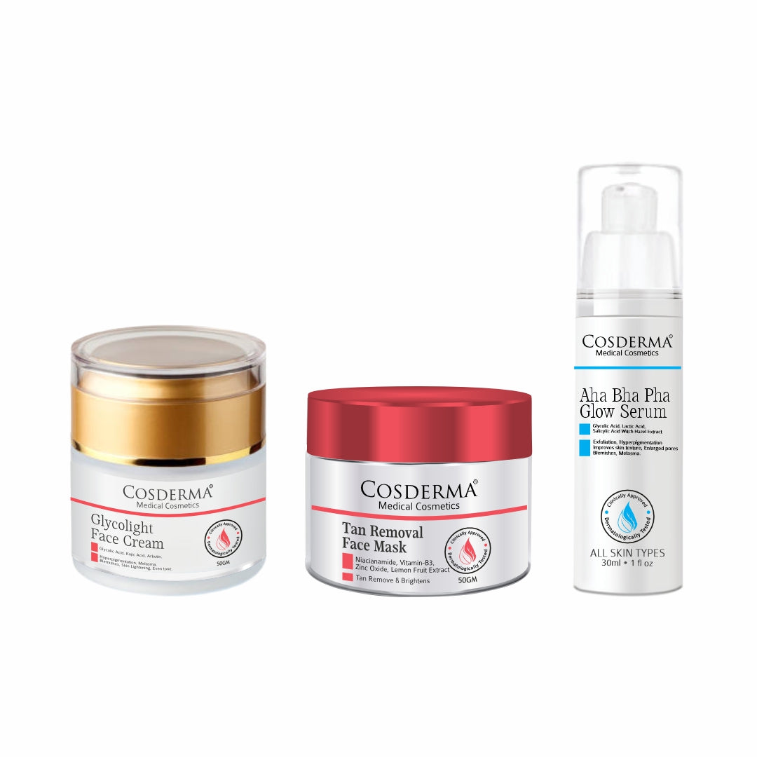 Cosderma Tan Removal & Glow Combo – Tan Removal Face Mask, AHA BHA PHA Serum & Glycolight Face Cream for Clear, Radiant & Even-Toned Skin