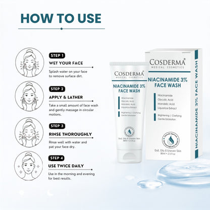 Cosderma Niacinamide 3% Face Wash – Brightening & Oil-Control Cleanser for Clear, Even-Toned Skin