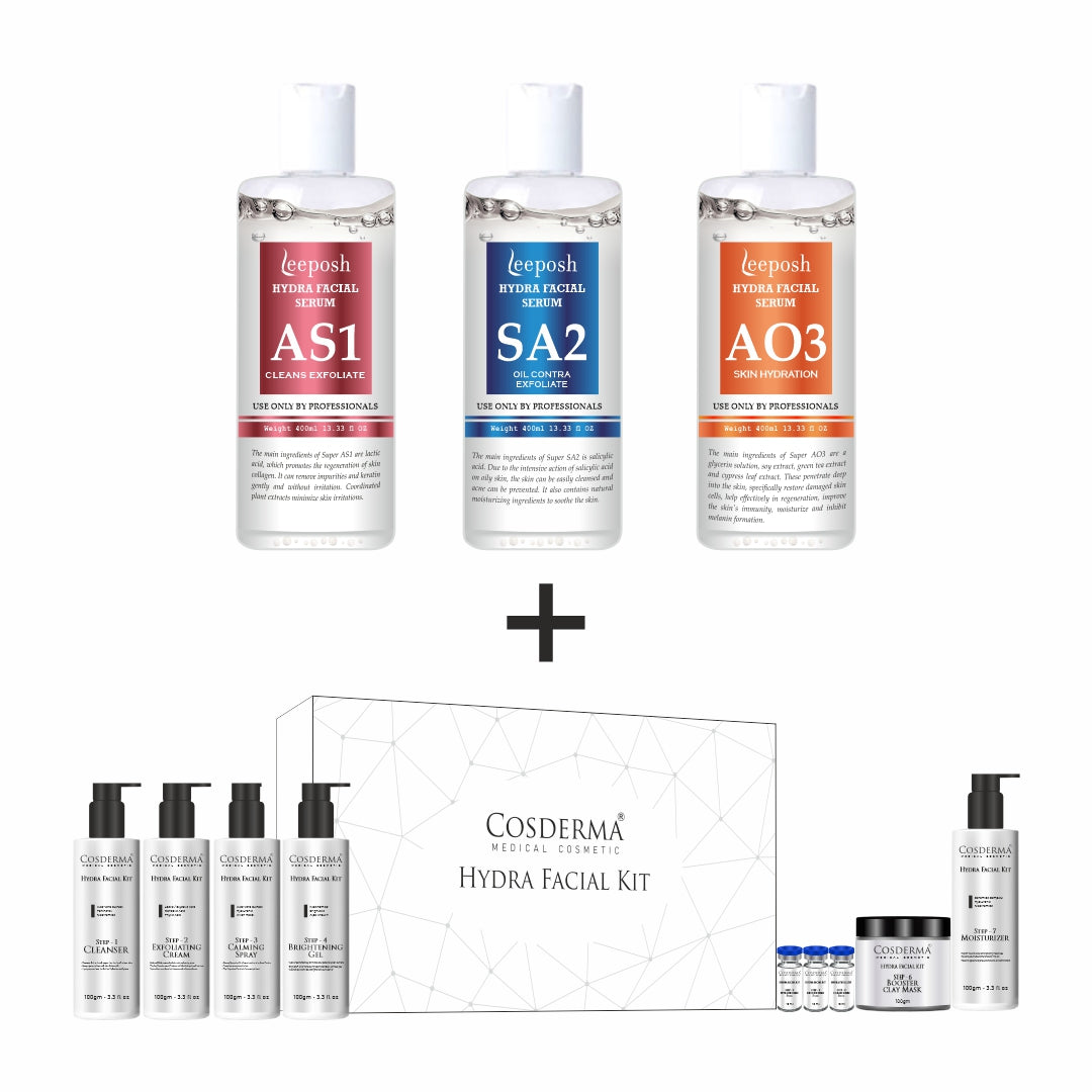 Cosderma HydraFacial Kit – Professional 7-Step Facial Kit with Leeposh Hydra Facial Serums (AS1, SA2, AO3) for Hydration, Brightening & Skin Rejuvenation
