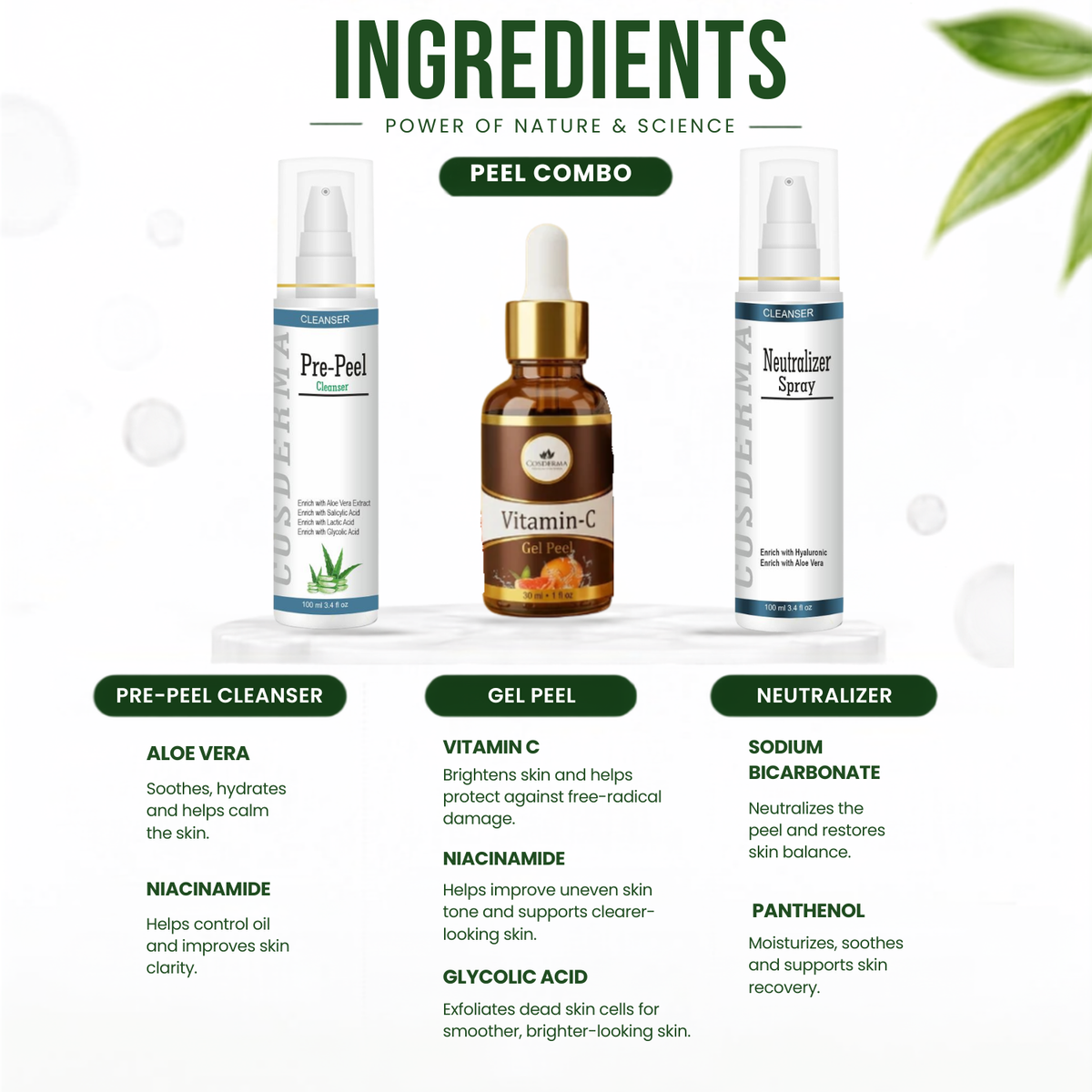 Cosderma Vitamin C Peel Combo – Pre Peel Cleanser, Vitamin C Gel Peel & Neutralizer Spray for Brightening, Anti-Pigmentation & Radiance Treatment