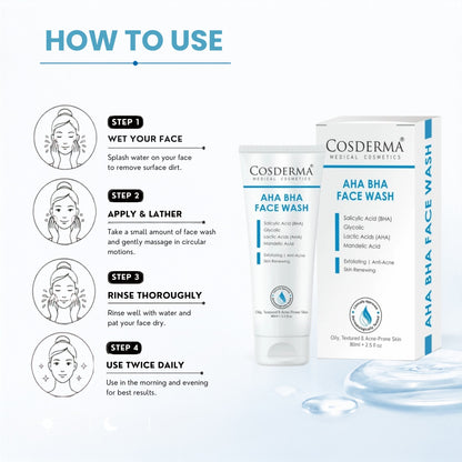 Cosderma AHA BHA Face Wash – Deep Exfoliating & Pore-Cleansing Cleanser for Acne & Dull Skin