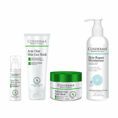 Cosderma Acne Control Combo – Acne Clear Serum, Face Wash, Natural Clay Mask & Skin Repair Moisturizer for Pimples, Marks & Oil Control