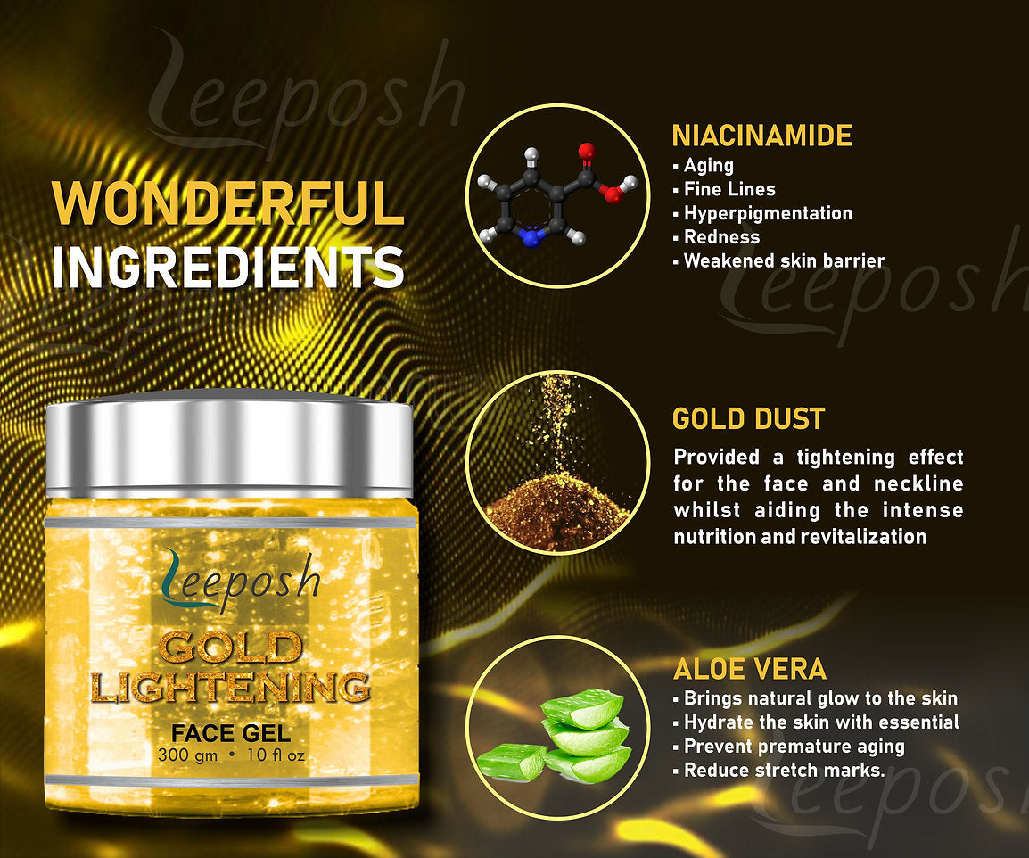 Leeposh Gold Lightening Face Gel - Illuminate and Even Skin Tone | 24 Caret Gold Gel with Niacinamide and Aloe Vera to Remove Instant Tan and Lighten Skin