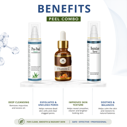 Cosderma Vitamin C Peel Combo – Pre Peel Cleanser, Vitamin C Gel Peel & Neutralizer Spray for Brightening, Anti-Pigmentation & Radiance Treatment