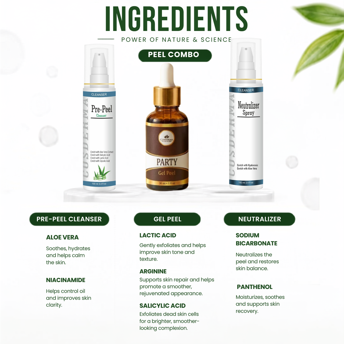 Cosderma Party Insta Peel Combo – Pre Peel Cleanser, Party Insta Gel Peel & Neutralizer Spray for Instant Glow, Brightening & Radiance
