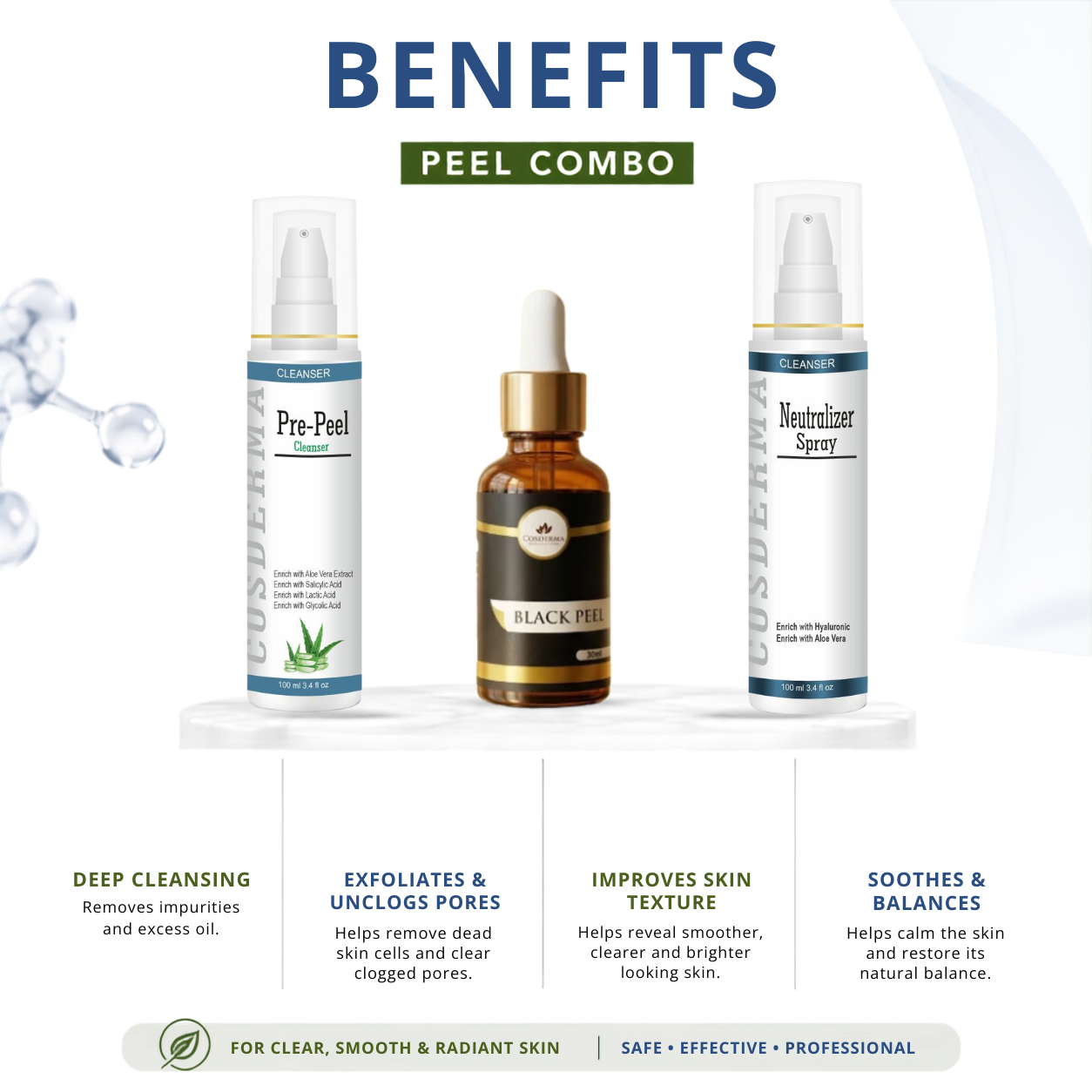 Cosderma Black Peel Combo – Pre Peel Cleanser, Black Gel Peel & Neutralizer Spray for Acne, Pigmentation & Skin Rejuvenation