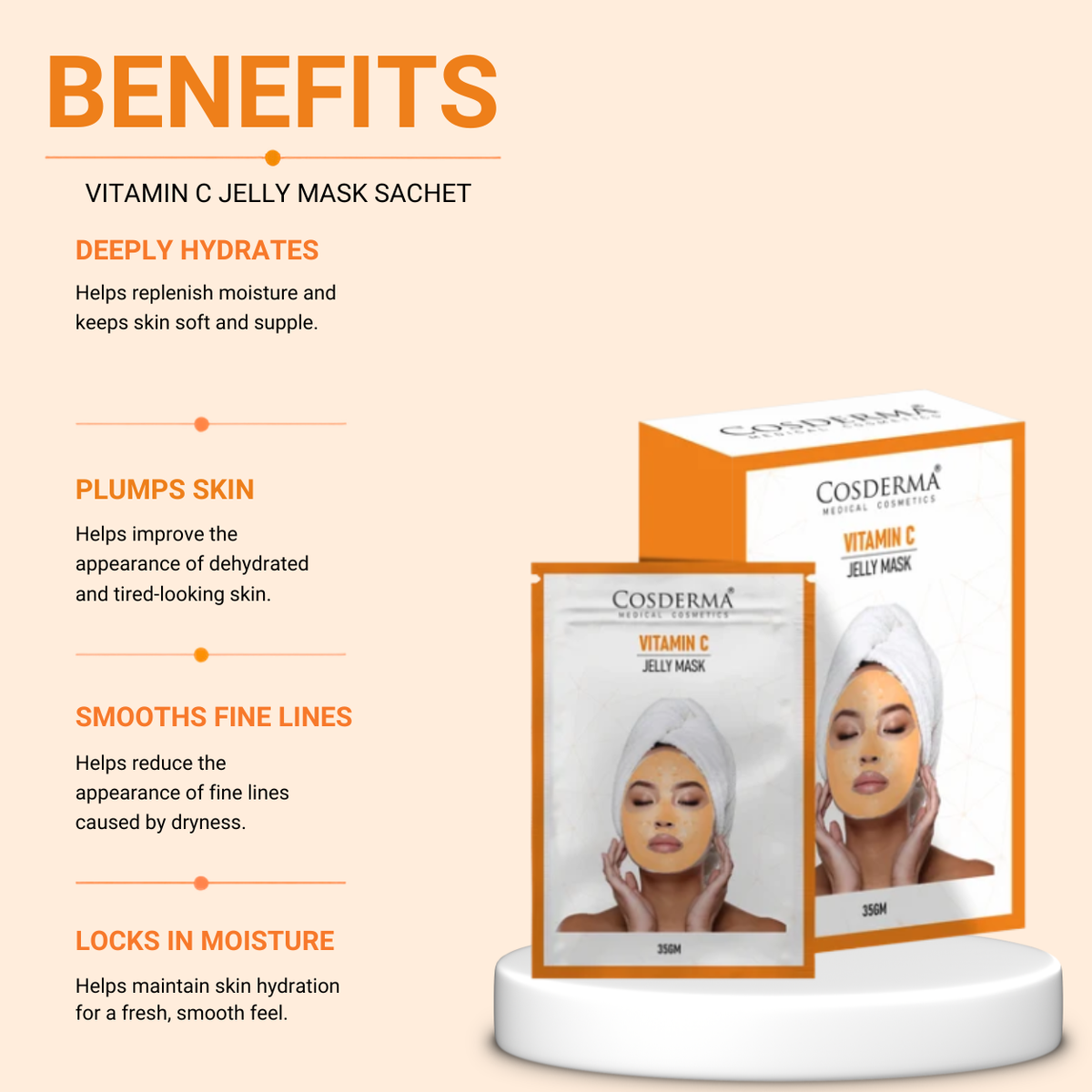 Cosderma Vitamin C Jelly Mask (10 x 35gm) – Brightening, Anti-Pigmentation & Glow Peel-Off Facial Mask