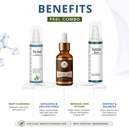 Cosderma Lactic 60% Peel Combo – Pre Peel Cleanser, Lactic Gel Peel & Neutralizer Spray for Pigmentation, Dullness & Skin Renewal