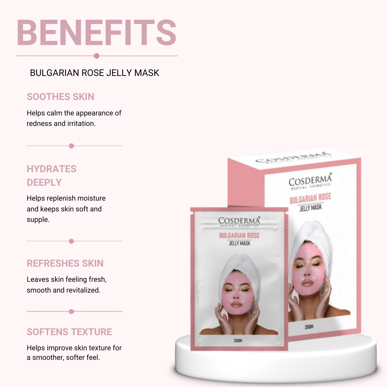 Cosderma Bulgarian Rose Jelly Mask (10 x 35gm) – Soothing, Brightening & Hydrating Peel-Off Facial Mask
