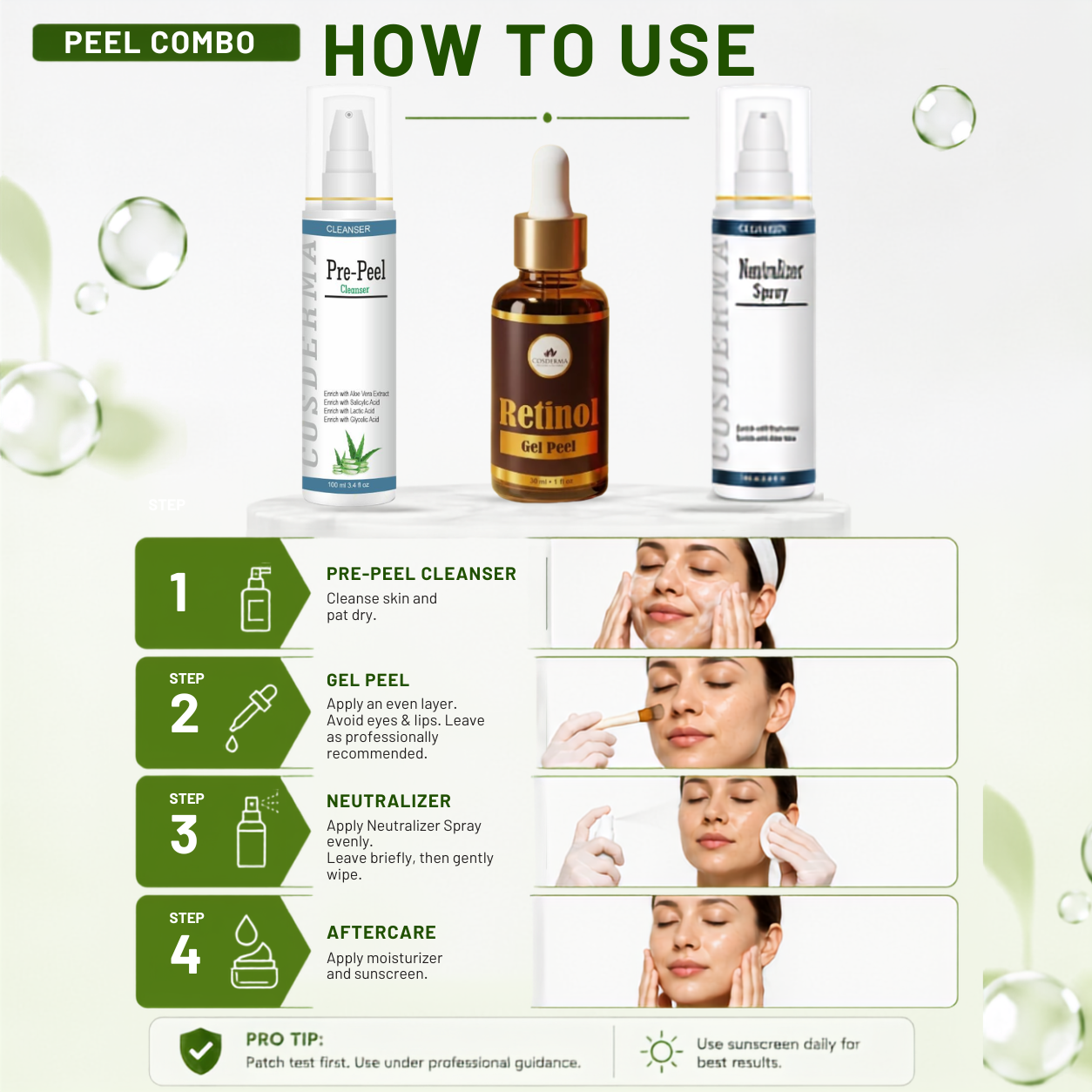 Cosderma Retinol Peel Combo – Pre Peel Cleanser, Retinol Gel Peel & Neutralizer Spray for Anti-Aging, Fine Lines & Skin Renewal