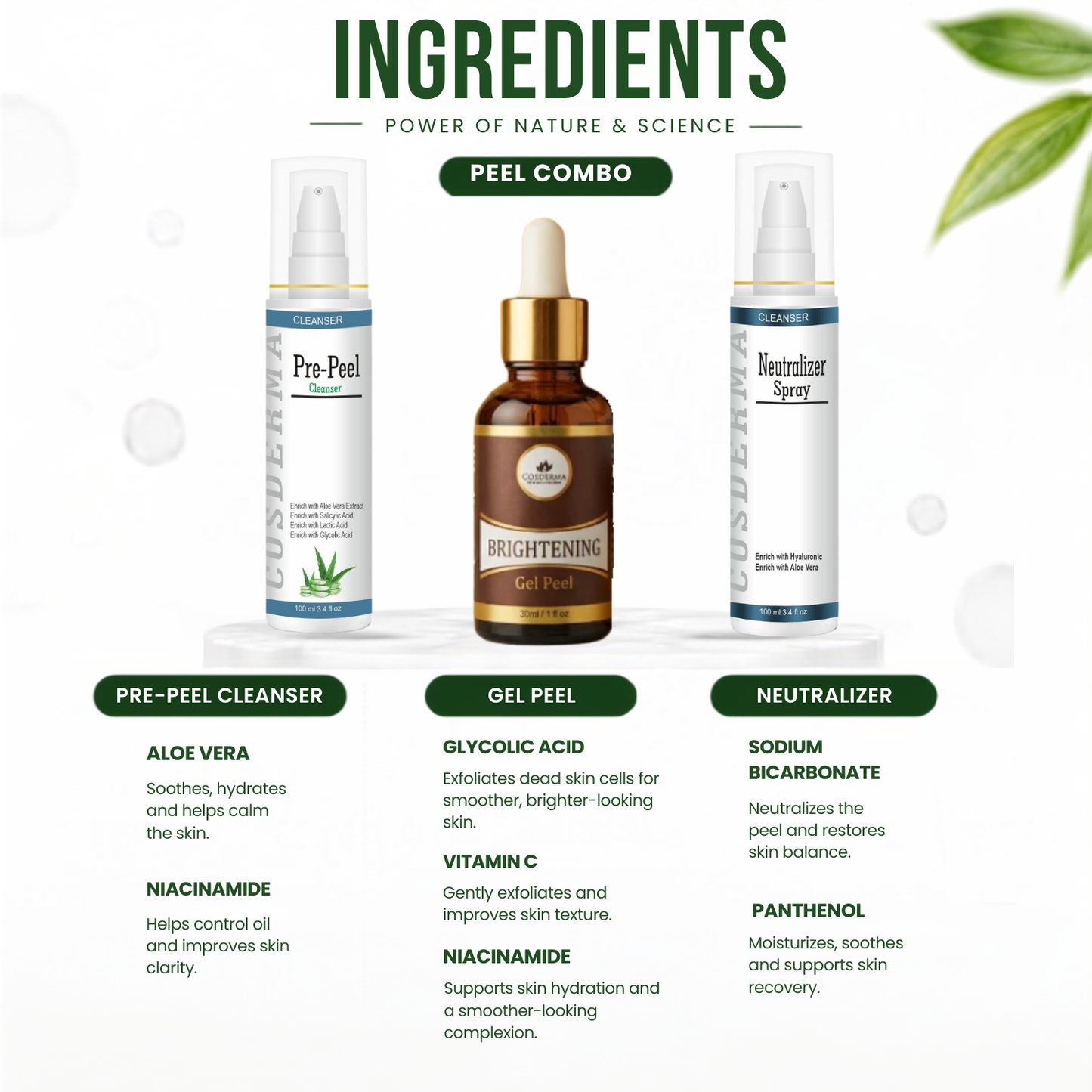 Cosderma Brightening Peel Combo – Pre Peel Cleanser, Brightening Gel Peel & Neutralizer Spray for Dullness, Uneven Tone & Radiance