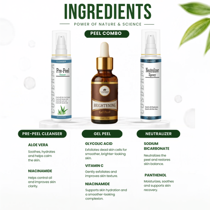 Cosderma Brightening Peel Combo – Pre Peel Cleanser, Brightening Gel Peel & Neutralizer Spray for Dullness, Uneven Tone & Radiance