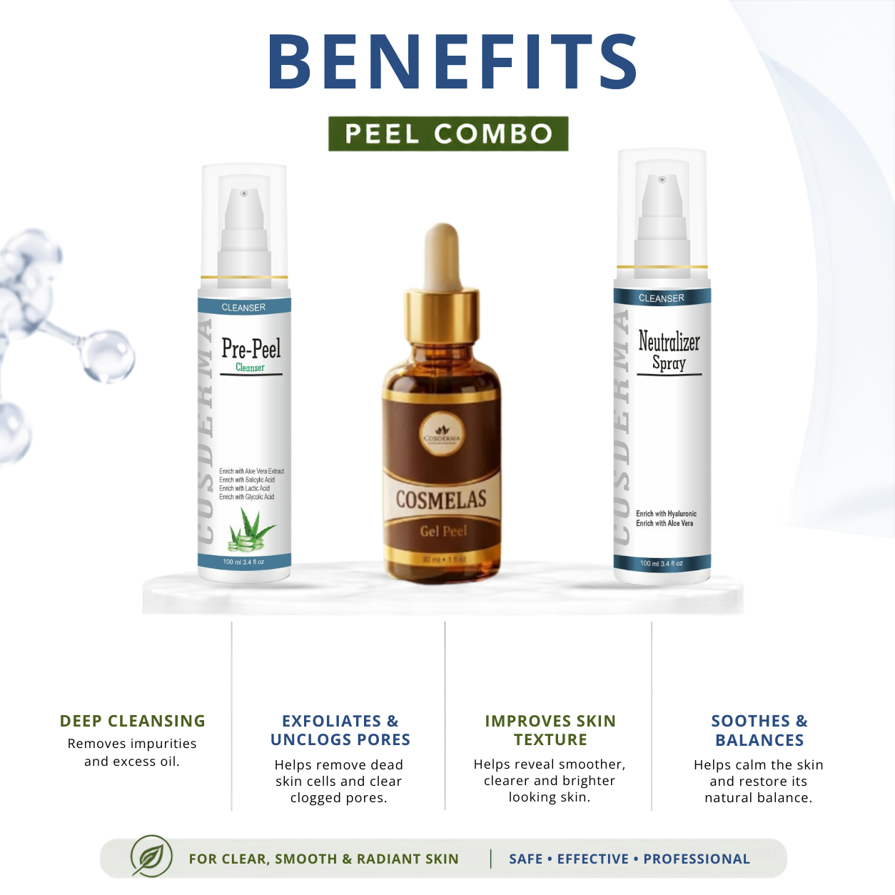 Cosderma Cosmelas Peel Combo – Pre Peel Cleanser, Cosmelas Peel & Neutralizer Spray for Melasma, Pigmentation & Brightening Treatment