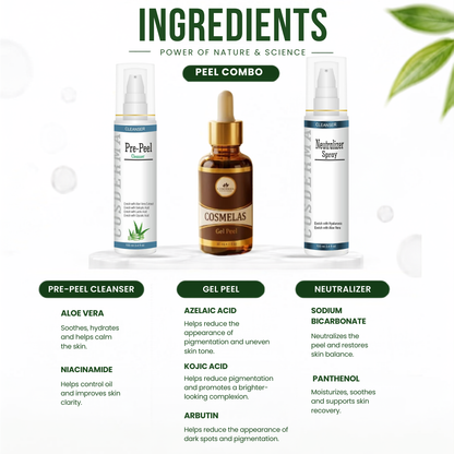 Cosderma Cosmelas Peel Combo – Pre Peel Cleanser, Cosmelas Peel & Neutralizer Spray for Melasma, Pigmentation & Brightening Treatment