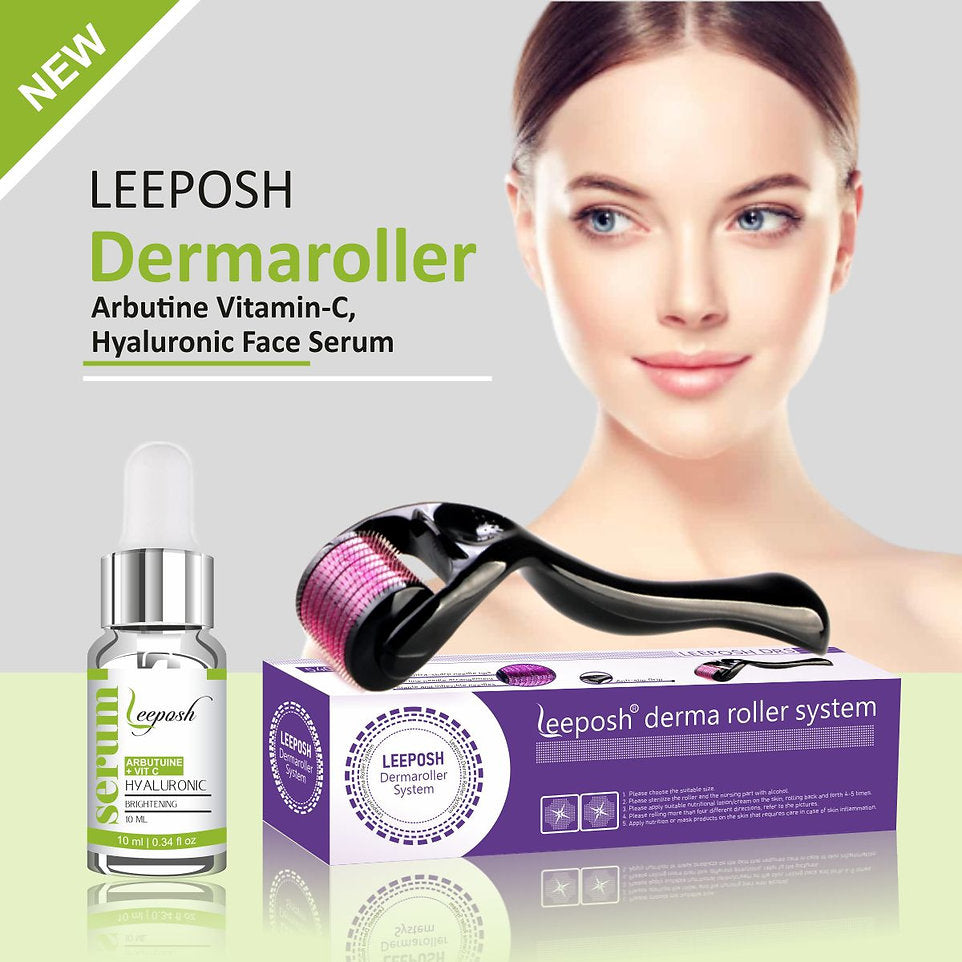 Leeposh Arbutin + Vitamin C + Hyaluronic Serum with 540 Needles Derma Roller System | FDA Approved Skin Whitening & Anti-Aging Serum