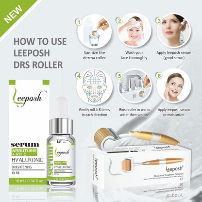 Leeposh Arbutin + Vitamin C + Hyaluronic Serum with 192 Needles Derma Roller System | FDA Approved Skin Whitening & Anti-Aging Serum