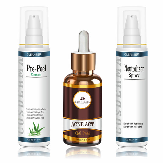 Cosderma Acne Peel Combo – Pre Peel Cleanser + Acne Act Gel Peel + Neutralizer Spray | Professional Acne & Oil Control Peel Kit