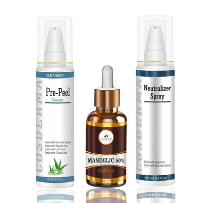 Cosderma Mandelic Peel Combo – Pre Peel Cleanser, Mandelic 50% Gel Peel & Neutralizer Spray for Acne Scars, Pigmentation & Brightening