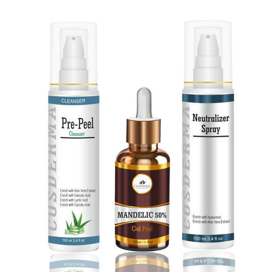 Cosderma Mandelic Peel Combo – Pre Peel Cleanser, Mandelic 50% Gel Peel & Neutralizer Spray for Acne Scars, Pigmentation & Brightening
