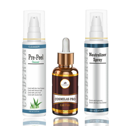 Cosderma Cosmelas Pro Peel Combo – Pre Peel Cleanser, Cosmelas Pro Peel & Neutralizer Spray for Melasma, Pigmentation & Brightening