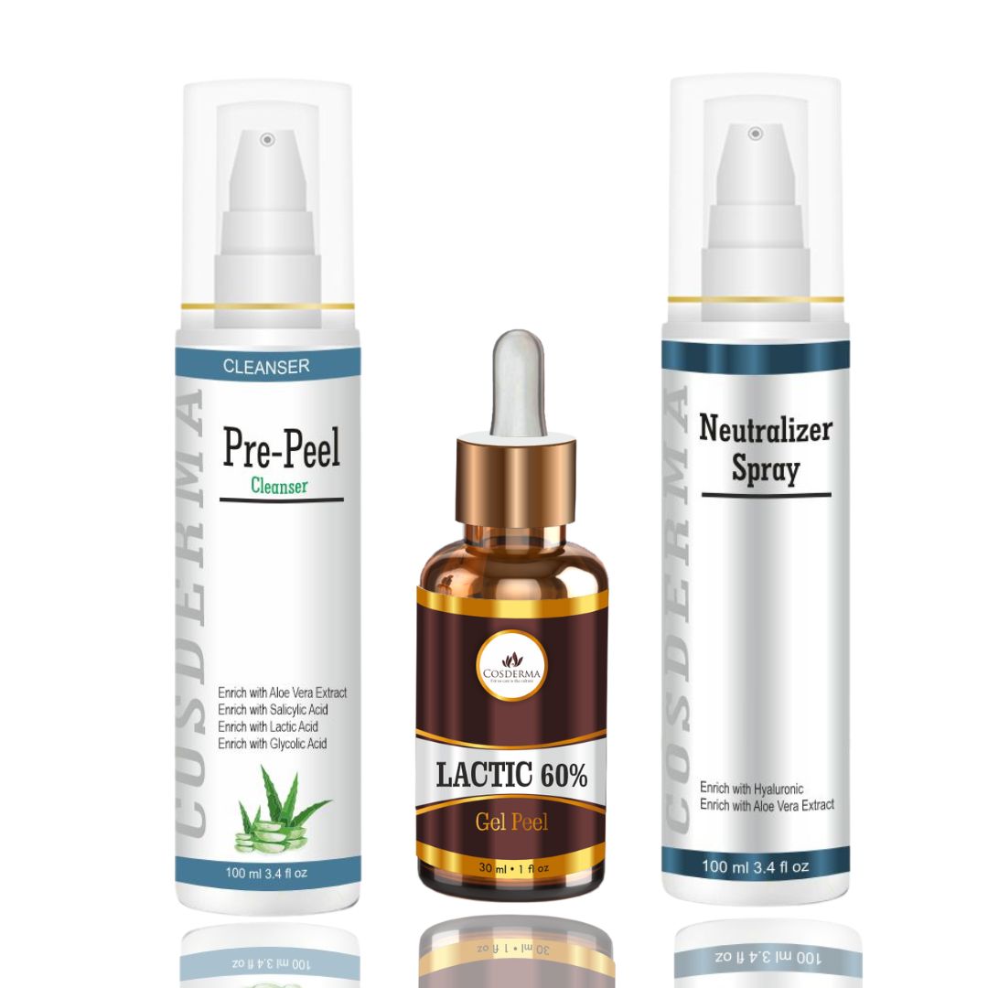 Cosderma Lactic 60% Peel Combo – Pre Peel Cleanser, Lactic Gel Peel & Neutralizer Spray for Pigmentation, Dullness & Skin Renewal