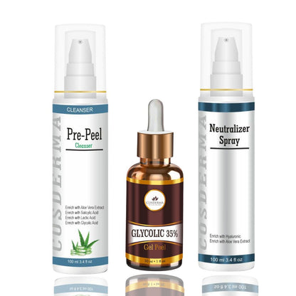 Cosderma Glycolic 35% Peel Combo – Pre Peel Cleanser, Glycolic Gel Peel & Neutralizer Spray for Acne, Pigmentation & Skin Renewal