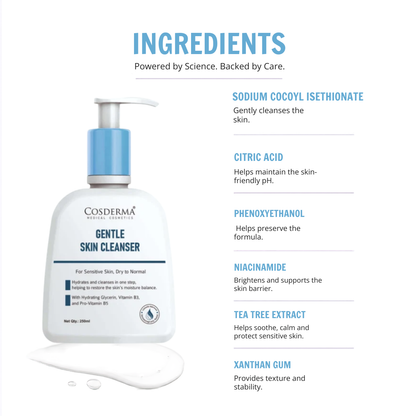 Cosderma Gentle Skin Cleanser for Sensitive & Dry to Normal Skin – Hydrating Creamy Formula (250ml)